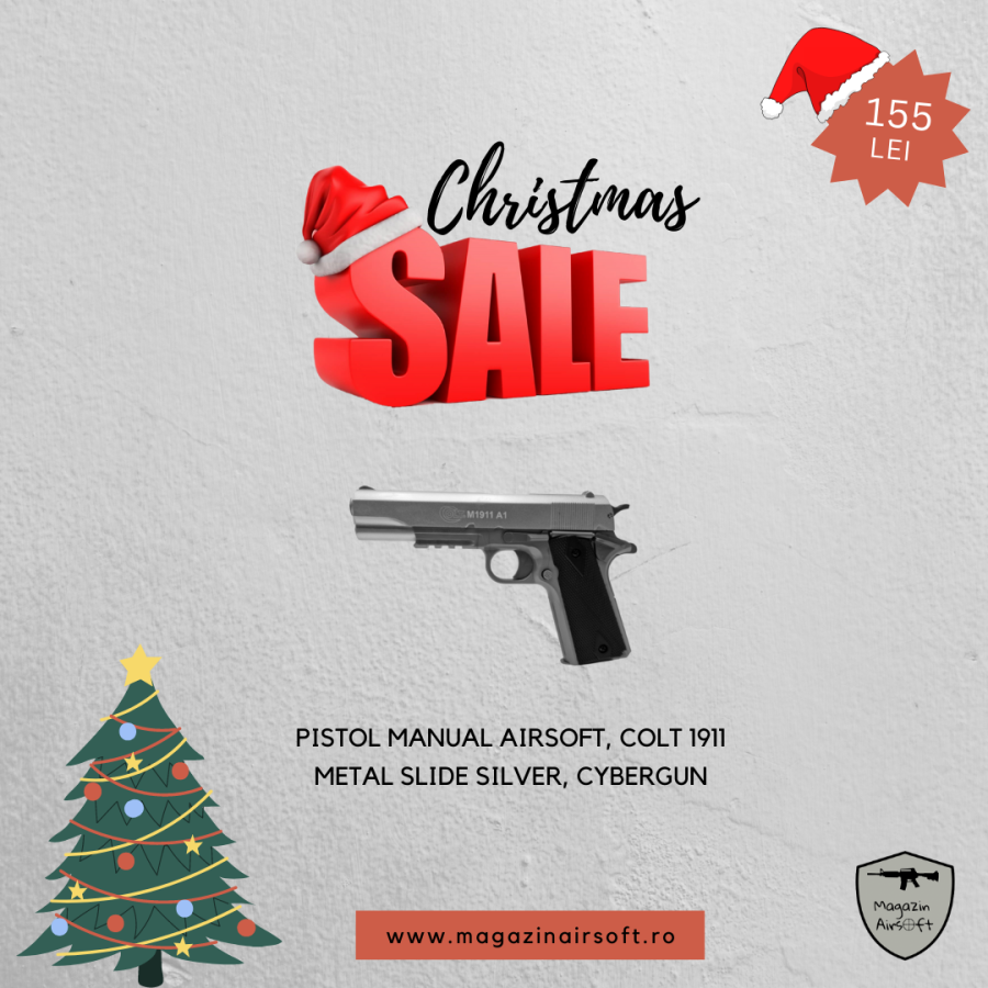 Pistol manual Airsoft, Colt 1911 Metal Slide Silver, Cybergun